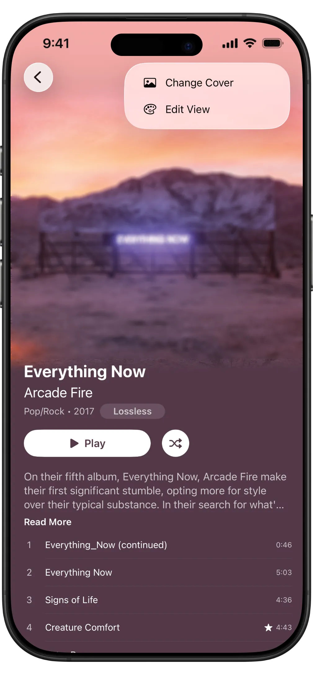 The Edit menu on an album page with Change Cover available