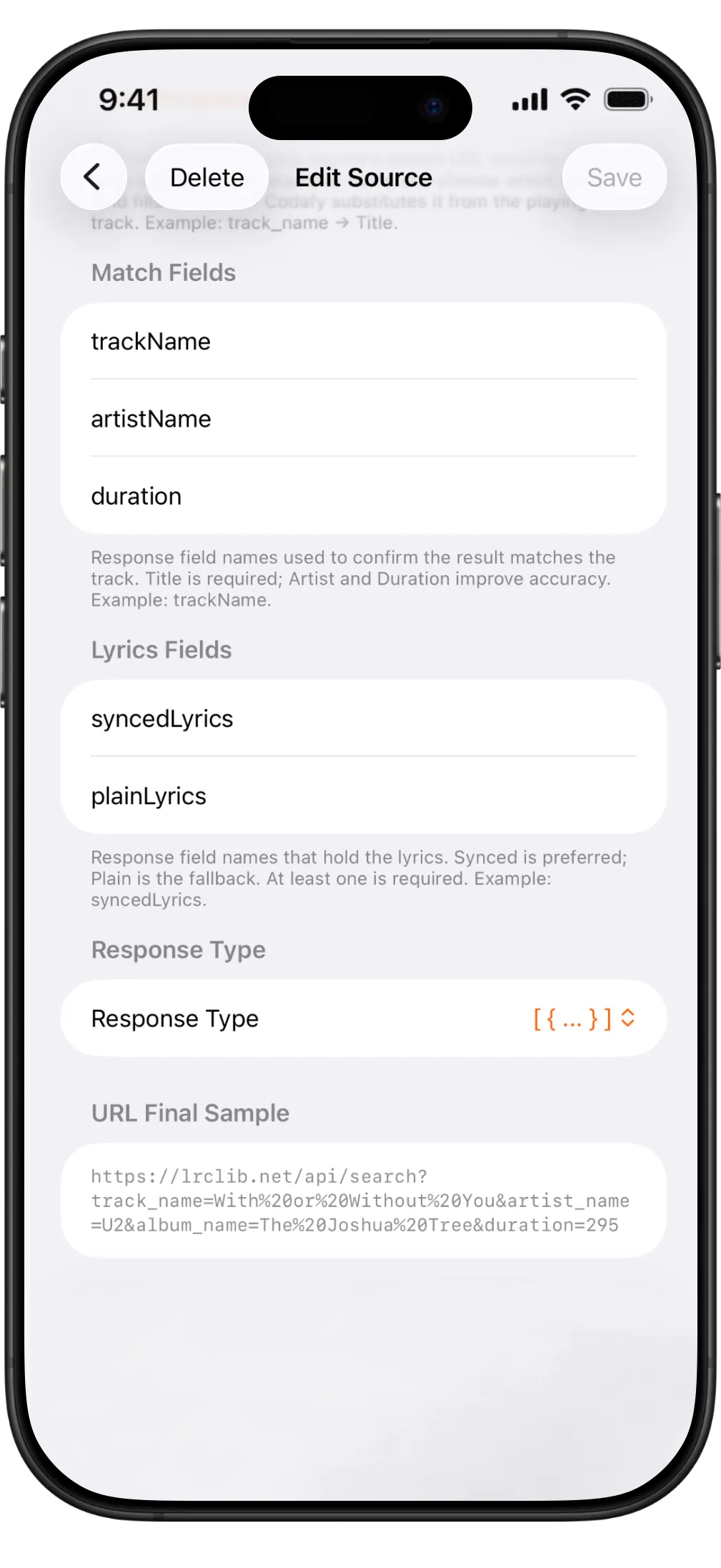 LRCLIB response fields, final URL sample, and array response type configured in Codafy