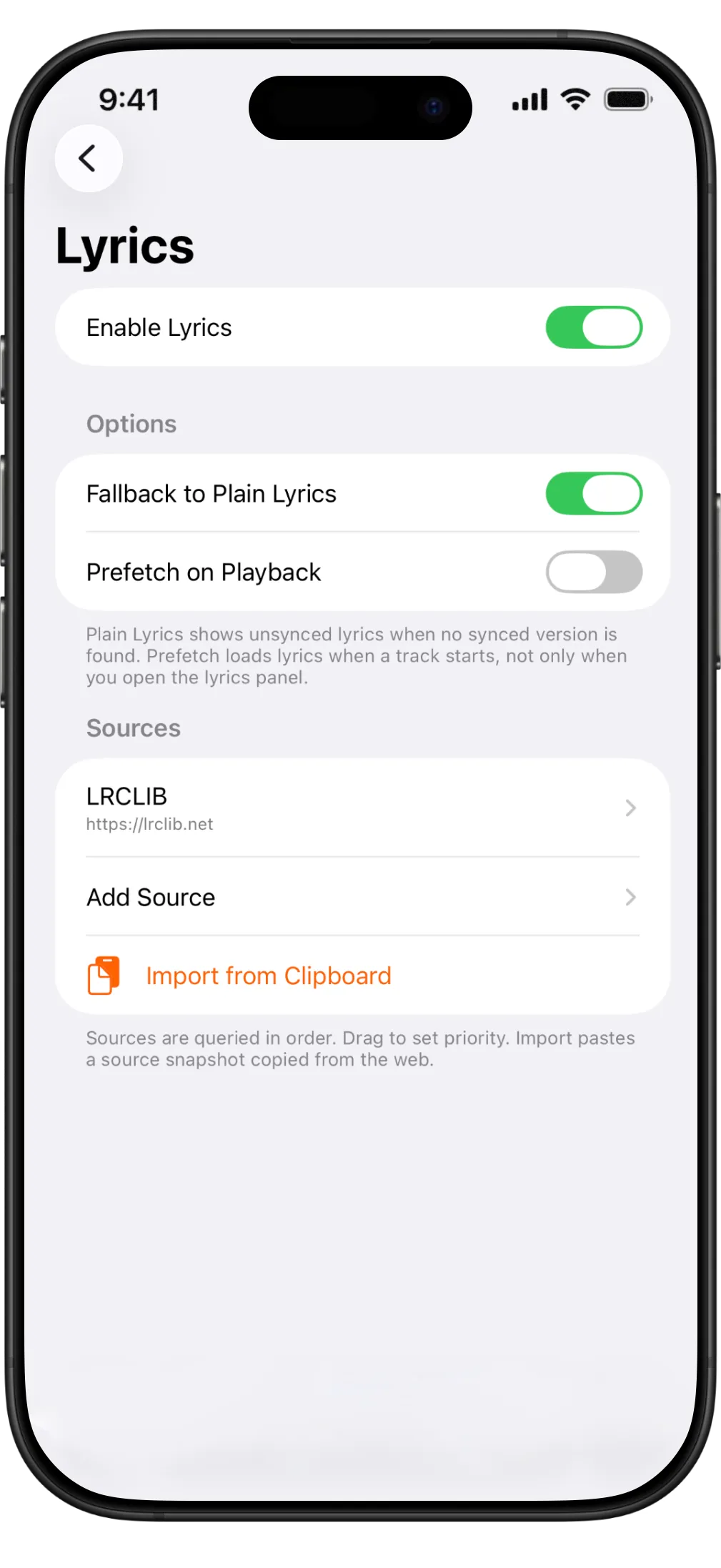 Codafy Lyrics settings with lyrics enabled and the Sources section visible