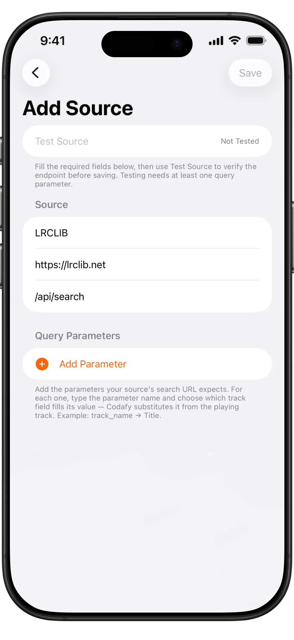 LRCLIB source name, base URL, and endpoint entered in Codafy